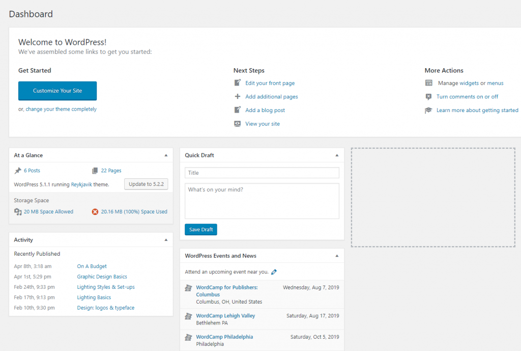 Screenshot of WordPress dashboard