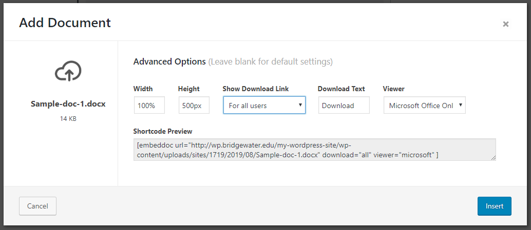 Screenshot of Document block settings