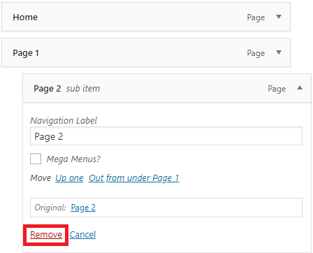 Screenshot of removing menu items