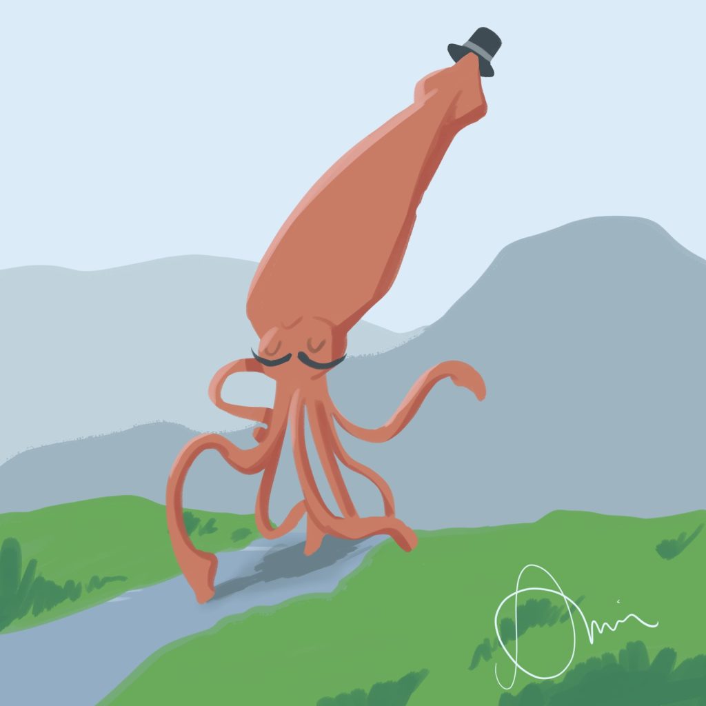 color drawing of a squid in a top hat walking on a path in a field