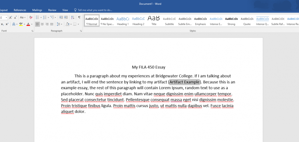 Screenshot of Word document with the words "Artifact Example" highlighted.