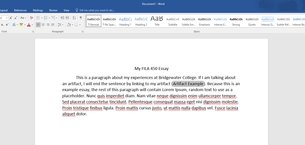 Screenshot of Word document with the words "Artifact Example" highlighted.