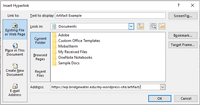 Screenshot of "Insert Hyperlink" dialogue box.